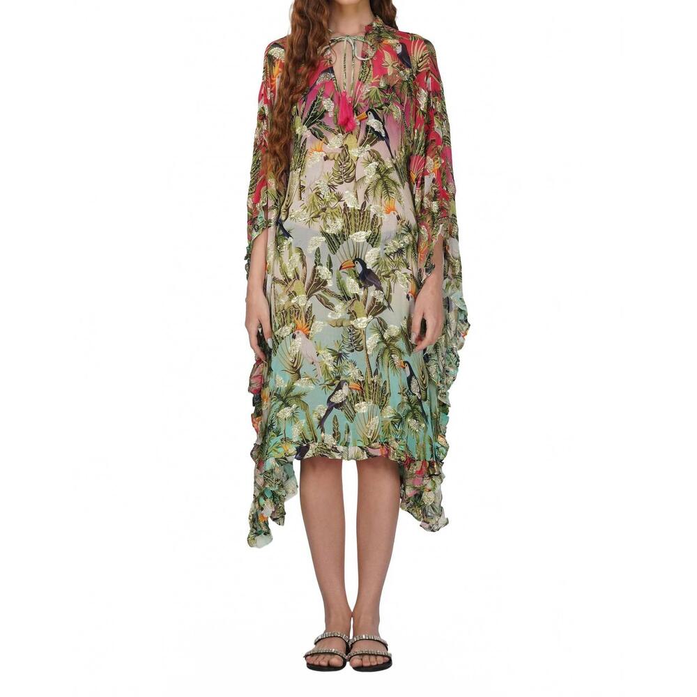 NEW AMERICA & BEYOND chirping birds frill kaftan dress in multi